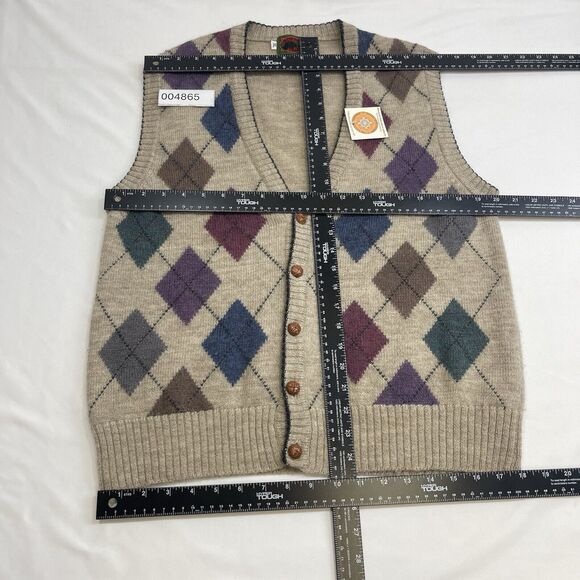 VTG Boston Trader Argyle Sweater Vest Men's XL Multicolor Wool Leather Buttons - Picture 8 of 9
